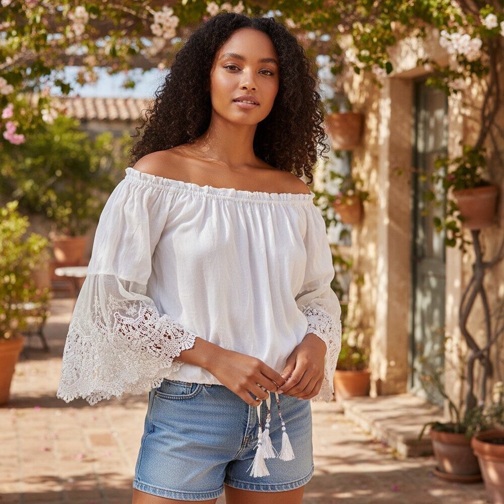 Young Fabulous & Broke White Off Shoulder Silk Lace Bell Sleeve Peasant Blouse L